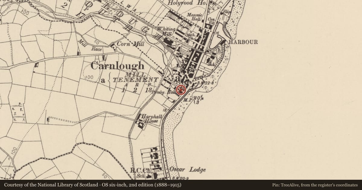 Ordnance Survey six-inch map, 2nd edition (1888–1915) covering the location of 21 Marine Road, Harphall, Mid and East Antrim, with a pin at the register's coordinates