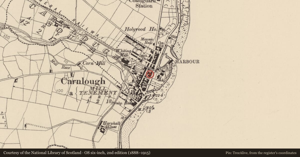 Ordnance Survey six-inch map, 2nd edition (1888–1915) covering the location of Londonderry Arms Hotel, Carnlough South, Mid and East Antrim, with a pin at the register's coordinates