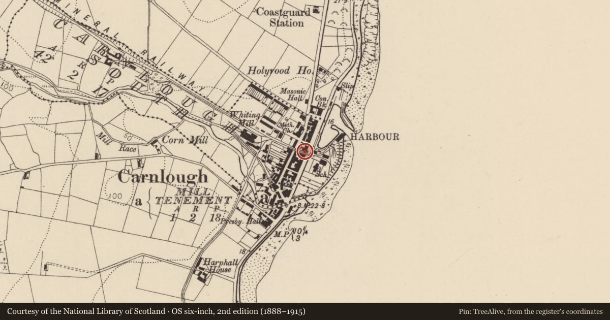 Ordnance Survey six-inch map, 2nd edition (1888–1915) covering the location of 30/32 Harbour Road, Carnlough South, Mid and East Antrim, with a pin at the register's coordinates