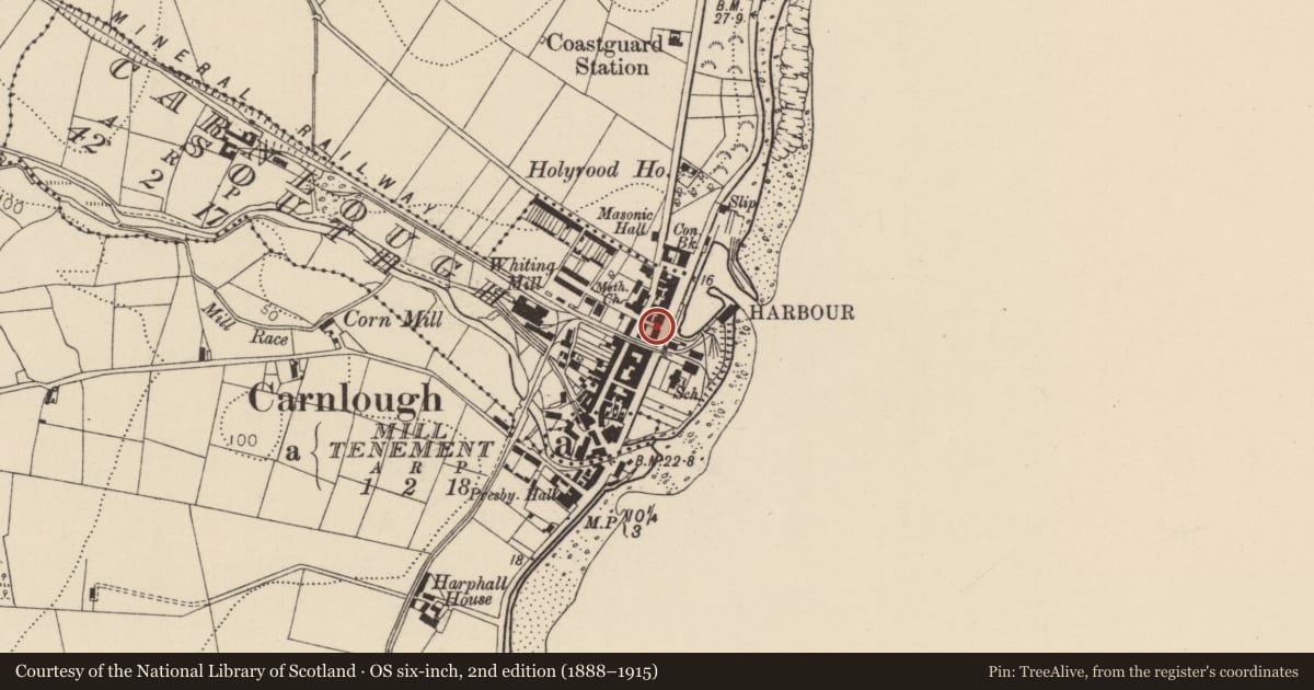 Ordnance Survey six-inch map, 2nd edition (1888–1915) covering the location of Former Town Hall and clock tower, Carnlough South, Mid and East Antrim, with a pin at the register's coordinates