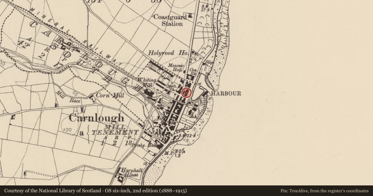 Ordnance Survey six-inch map, 2nd edition (1888–1915) covering the location of 38-40 Harbour Road, Carnlough South, Mid and East Antrim, with a pin at the register's coordinates