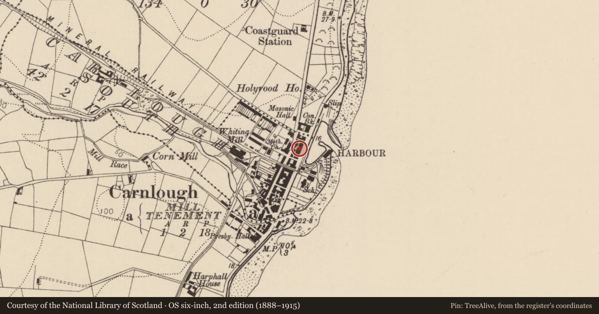 Ordnance Survey six-inch map, 2nd edition (1888–1915) covering the location of 42-44 Harbour Road, Carnlough South, Mid and East Antrim, with a pin at the register's coordinates
