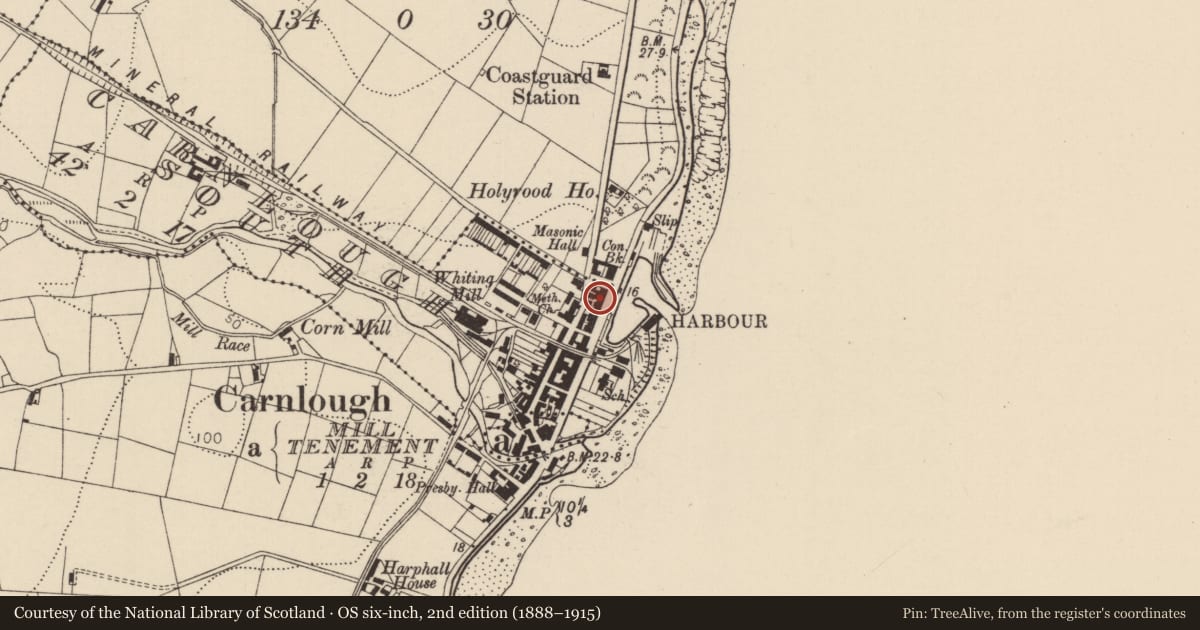 Ordnance Survey six-inch map, 2nd edition (1888–1915) covering the location of 50-52 Harbour Road, Carnlough South, Mid and East Antrim, with a pin at the register's coordinates