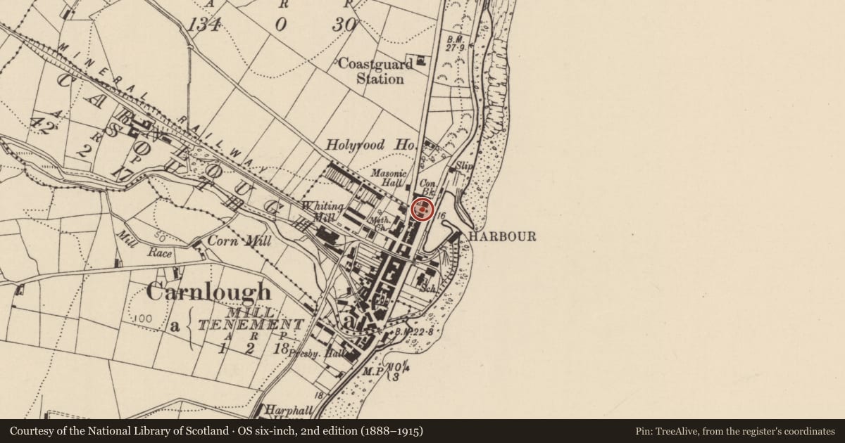 Ordnance Survey six-inch map, 2nd edition (1888–1915) covering the location of 58 Harbour Road, Carnlough South, Mid and East Antrim, with a pin at the register's coordinates