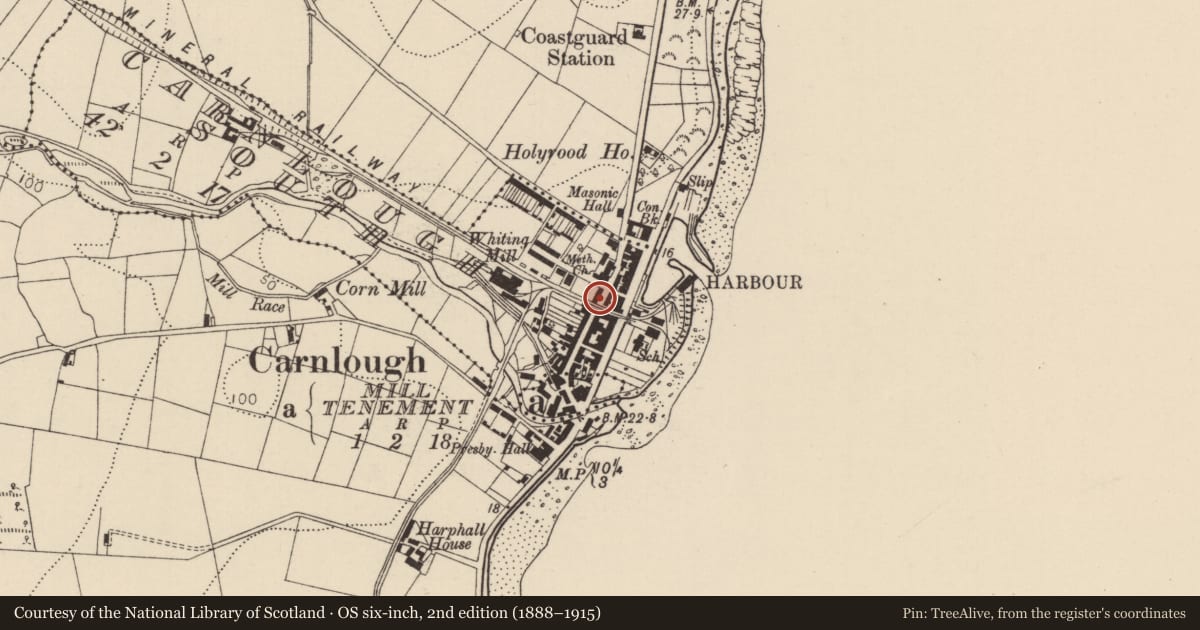 Ordnance Survey six-inch map, 2nd edition (1888–1915) covering the location of Bridge, Carnlough South, Mid and East Antrim, with a pin at the register's coordinates