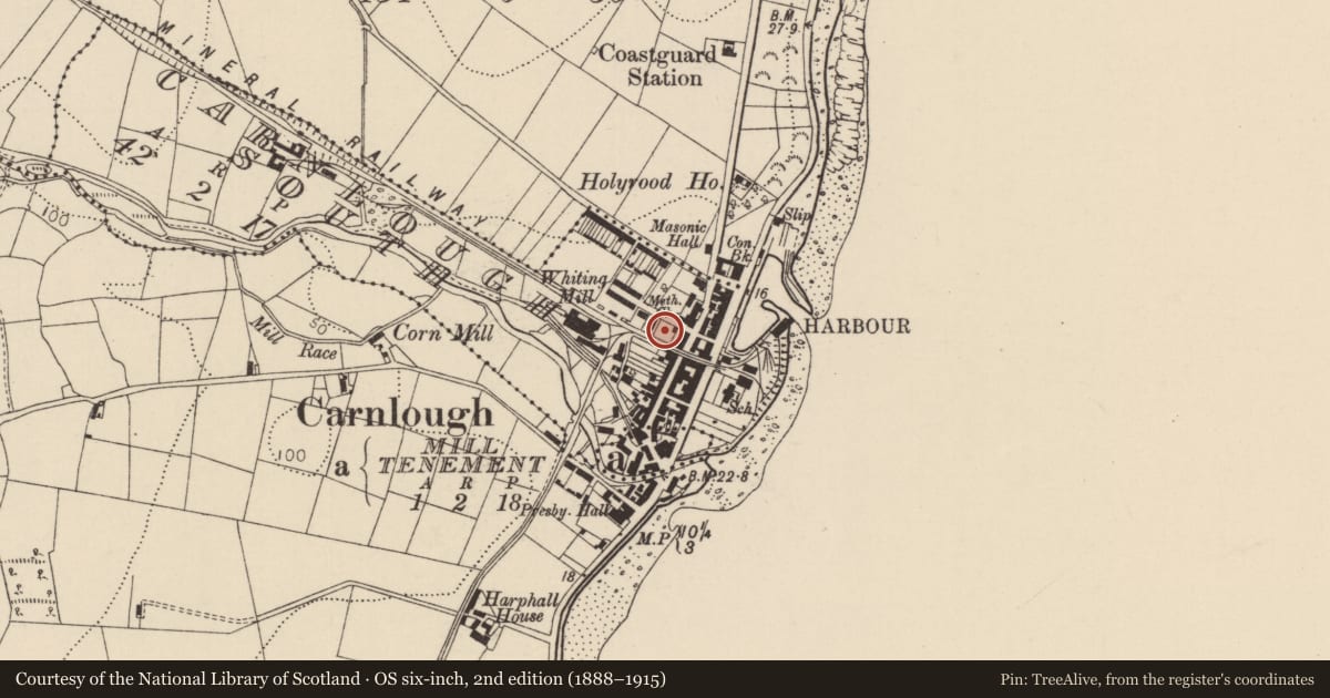 Ordnance Survey six-inch map, 2nd edition (1888–1915) covering the location of Lime Kiln, Carnlough South, Mid and East Antrim, with a pin at the register's coordinates
