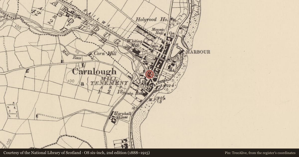 Ordnance Survey six-inch map, 2nd edition (1888–1915) covering the location of 2-4 Waterfall Road, Mill Tenement, Mid and East Antrim, with a pin at the register's coordinates