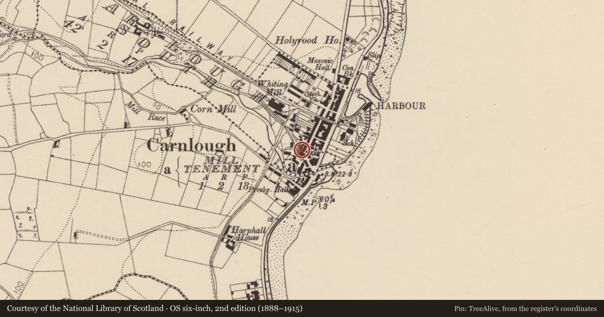 Ordnance Survey six-inch map, 2nd edition (1888–1915) covering the location of 6 Waterfall Road, Mill Tenement, Mid and East Antrim, with a pin at the register's coordinates