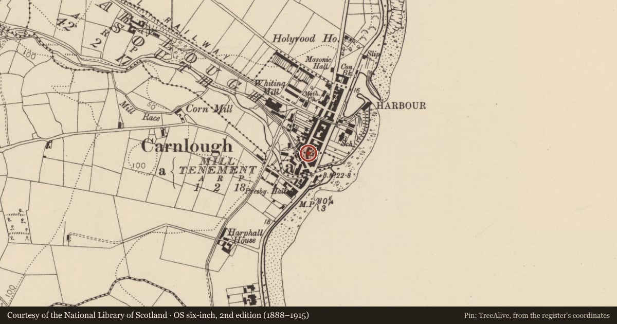 Ordnance Survey six-inch map, 2nd edition (1888–1915) covering the location of Waterfall Bar, Mill Tenement, Mid and East Antrim, with a pin at the register's coordinates
