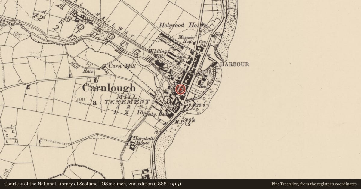 Ordnance Survey six-inch map, 2nd edition (1888–1915) covering the location of 5 High Street, Mill Tenement, Mid and East Antrim, with a pin at the register's coordinates