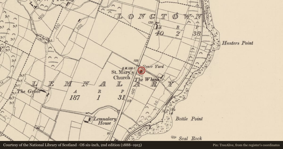 Ordnance Survey six-inch map, 2nd edition (1888–1915) covering the location of St Mary’s Church of Ireland Church, Lemnalary, Mid and East Antrim, with a pin at the register's coordinates
