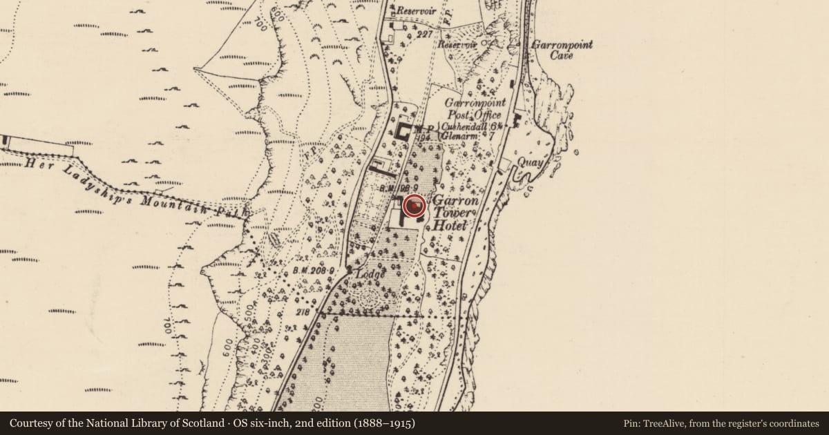 Ordnance Survey six-inch map, 2nd edition (1888–1915) covering the location of St MacNissi's College, Galboly Lower, Mid and East Antrim, with a pin at the register's coordinates