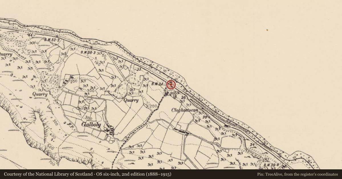 Ordnance Survey six-inch map, 2nd edition (1888–1915) covering the location of 116 Garron Road, Galboly Lower, Mid and East Antrim, with a pin at the register's coordinates