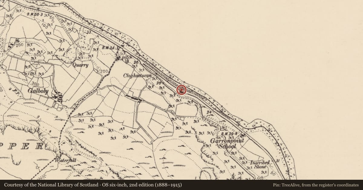Ordnance Survey six-inch map, 2nd edition (1888–1915) covering the location of 110, 110A and 112 Garron Road, Galboly Lower, Mid and East Antrim, with a pin at the register's coordinates