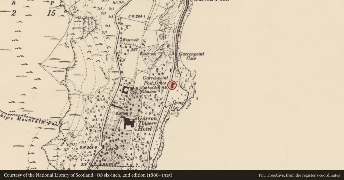 Ordnance Survey six-inch map, 2nd edition (1888–1915) covering the location of 85 Garron Road, Galboly Lower, Mid and East Antrim, with a pin at the register's coordinates