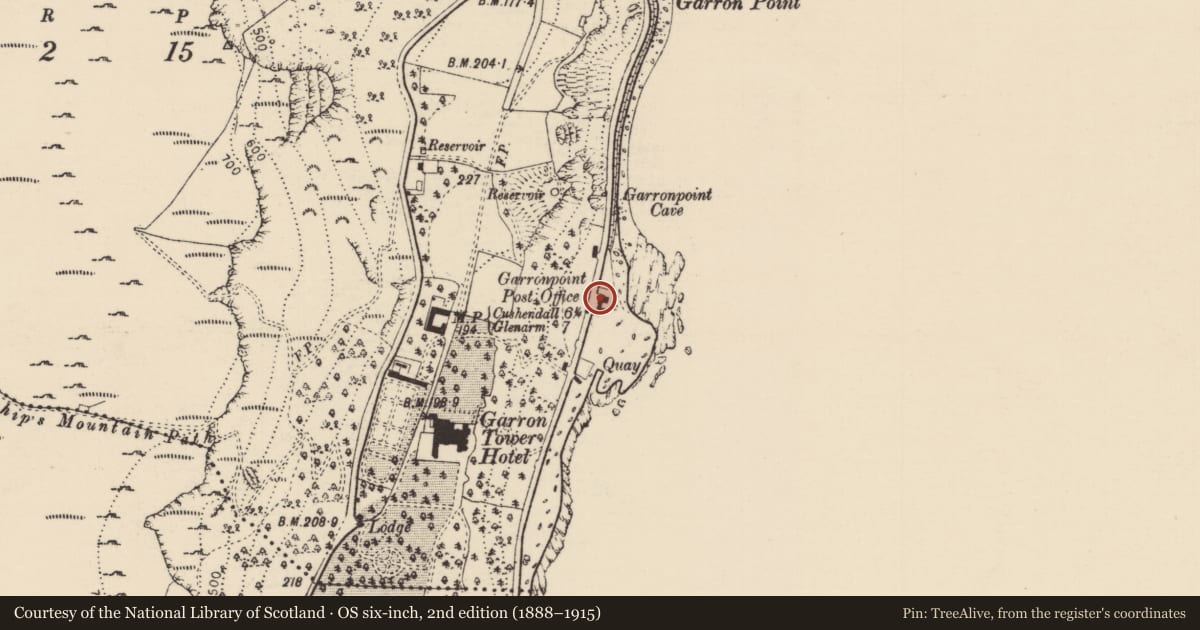 Ordnance Survey six-inch map, 2nd edition (1888–1915) covering the location of 87 Garron Road, Galboly Lower, Mid and East Antrim, with a pin at the register's coordinates