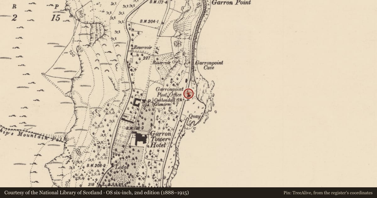 Ordnance Survey six-inch map, 2nd edition (1888–1915) covering the location of 89 Garron Road, Galboly Lower, Mid and East Antrim, with a pin at the register's coordinates