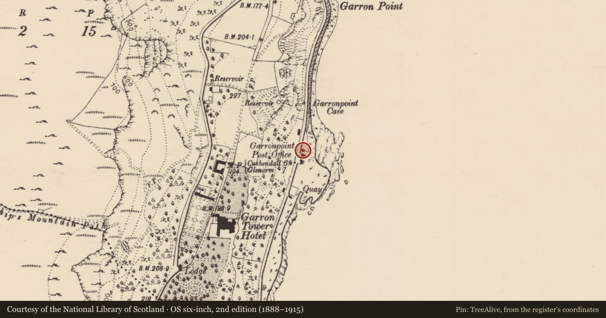 Ordnance Survey six-inch map, 2nd edition (1888–1915) covering the location of 91 Garron Road, Galboly Lower, Mid and East Antrim, with a pin at the register's coordinates