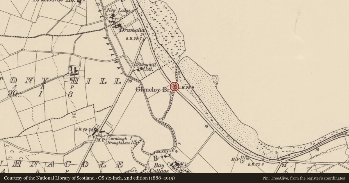 Ordnance Survey six-inch map, 2nd edition (1888–1915) covering the location of Glencloy Bridge, Bay, Mid and East Antrim, with a pin at the register's coordinates