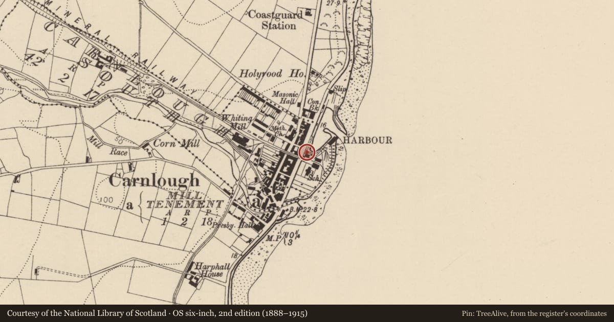 Ordnance Survey six-inch map, 2nd edition (1888–1915) covering the location of 11 Harbour Road, Carnlough South, Mid and East Antrim, with a pin at the register's coordinates
