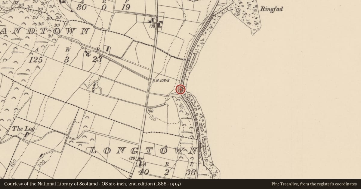 Ordnance Survey six-inch map, 2nd edition (1888–1915) covering the location of Bridge at Highlandtown, Mid and East Antrim, with a pin at the register's coordinates