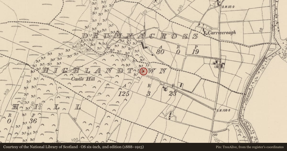 Ordnance Survey six-inch map, 2nd edition (1888–1915) covering the location of Lime Kiln, Highlandtown, Mid and East Antrim, with a pin at the register's coordinates