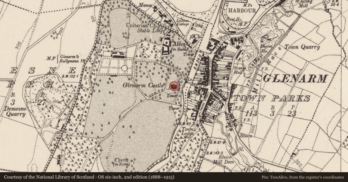 Ordnance Survey six-inch map, 2nd edition (1888–1915) covering the location of Glenarm Castle, Glenarm Demesne, Mid and East Antrim, with a pin at the register's coordinates