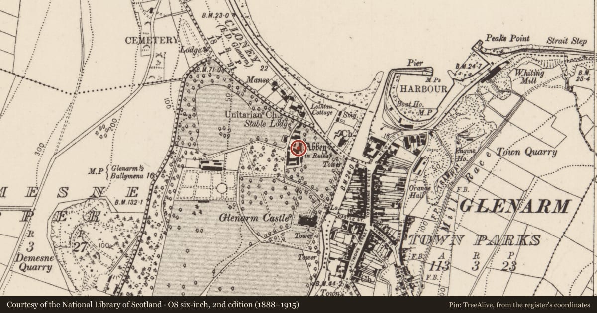 Ordnance Survey six-inch map, 2nd edition (1888–1915) covering the location of Former coach house, courtyard buildings and gate screen, Glenarm Demesne, Mid and East Antrim, with a pin at the register's coordinates