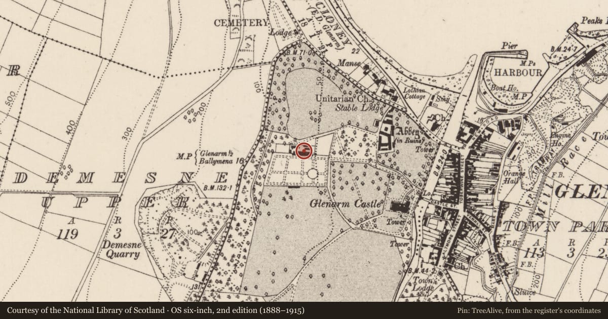 Ordnance Survey six-inch map, 2nd edition (1888–1915) covering the location of Greenhouse and Store at Glenarm Castle, Glenarm Demesne, Mid and East Antrim, with a pin at the register's coordinates