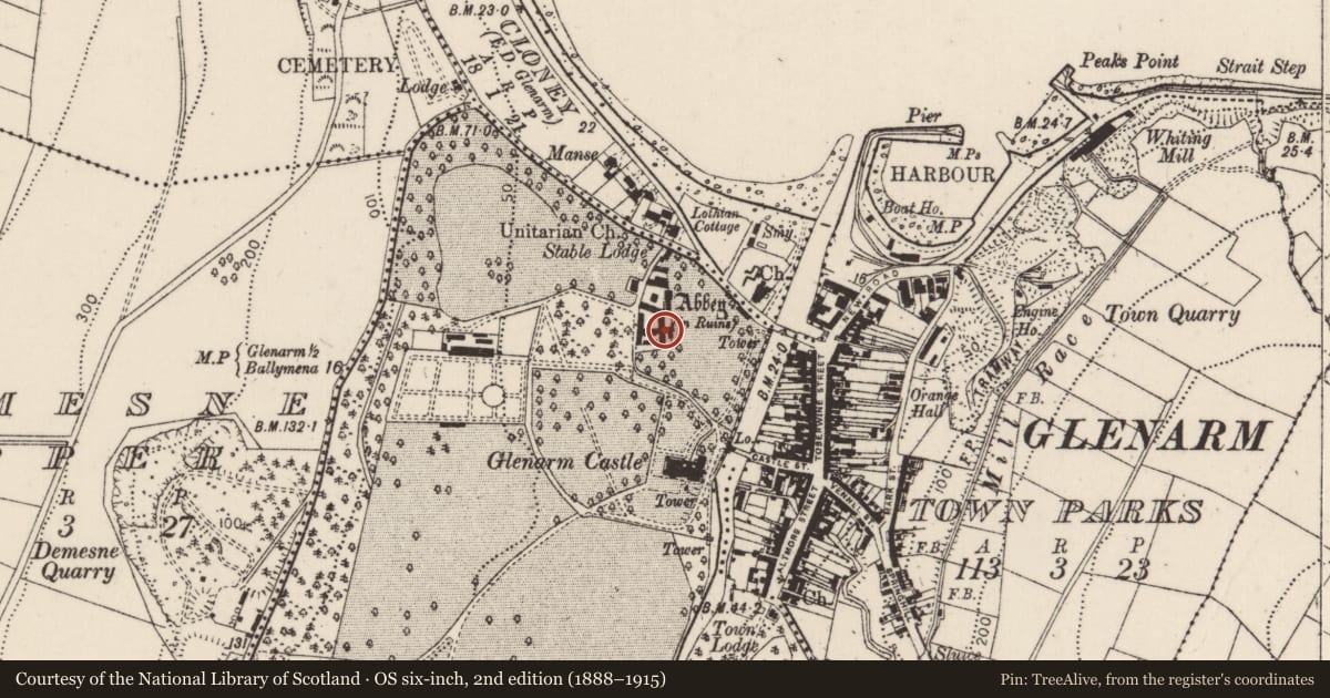 Ordnance Survey six-inch map, 2nd edition (1888–1915) covering the location of 4-5 and 6 Castle Demesne, Glenarm Demesne, Mid and East Antrim, with a pin at the register's coordinates