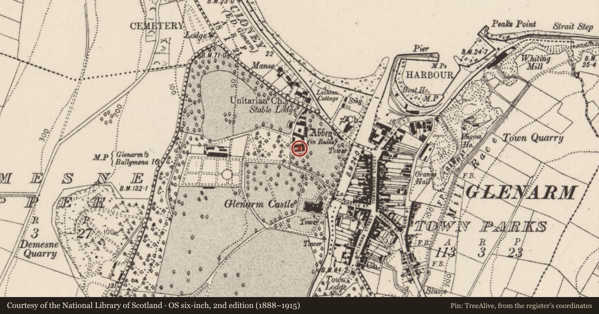 Ordnance Survey six-inch map, 2nd edition (1888–1915) covering the location of South courtyard, Glenarm Demesne, Mid and East Antrim, with a pin at the register's coordinates