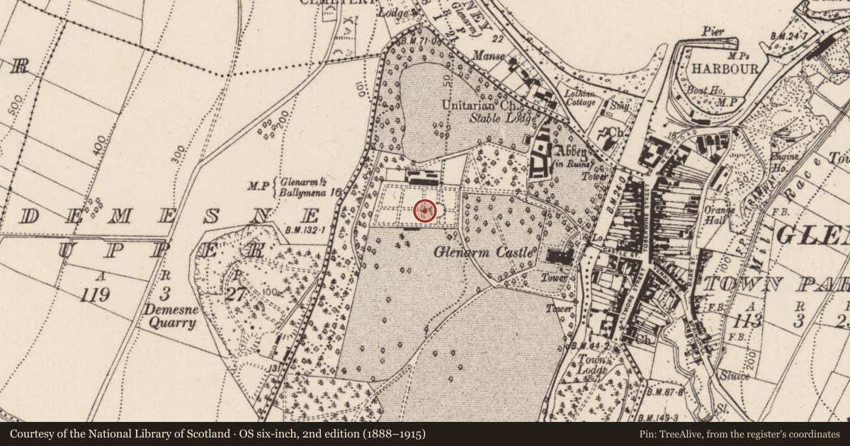 Ordnance Survey six-inch map, 2nd edition (1888–1915) covering the location of Garden within Glenarm Demesne, Mid and East Antrim, with a pin at the register's coordinates