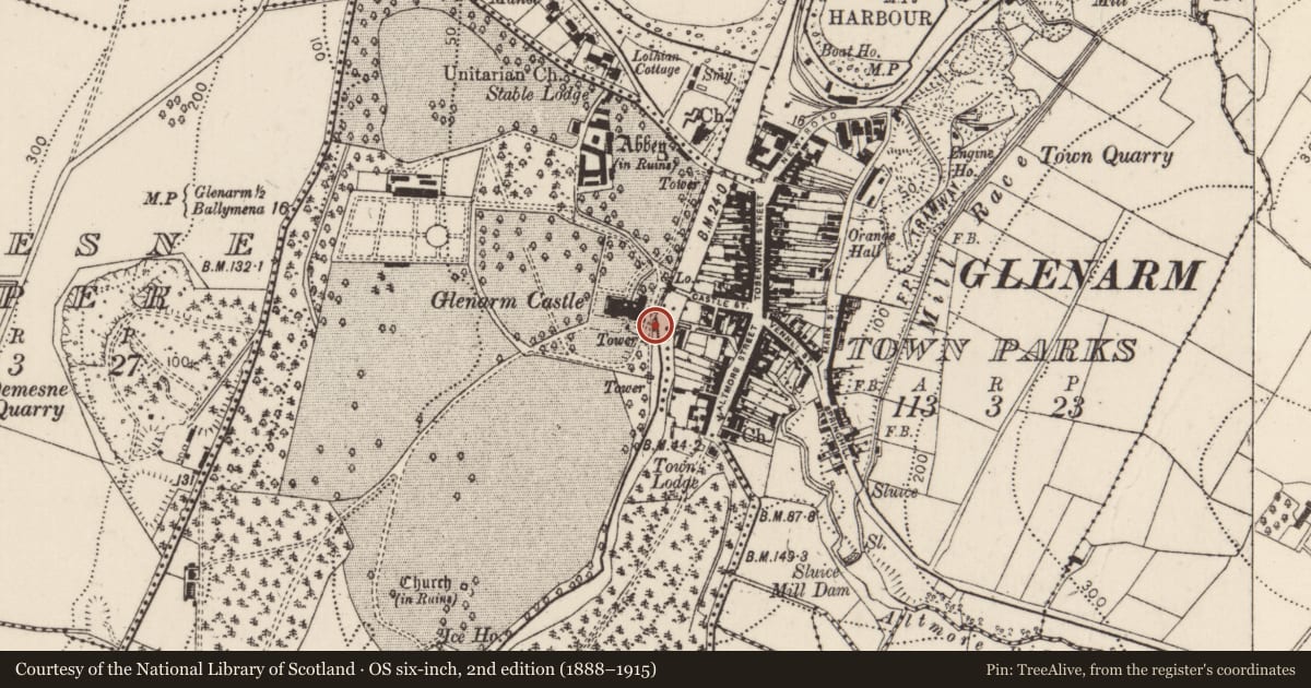 Ordnance Survey six-inch map, 2nd edition (1888–1915) covering the location of Barbican Lodge, Glenarm Demesne, Mid and East Antrim, with a pin at the register's coordinates