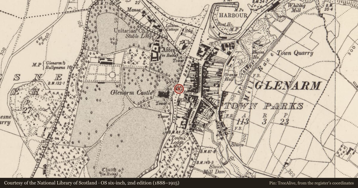 Ordnance Survey six-inch map, 2nd edition (1888–1915) covering the location of Barbican Bridge, Glenarm Town Parks, Mid and East Antrim, with a pin at the register's coordinates