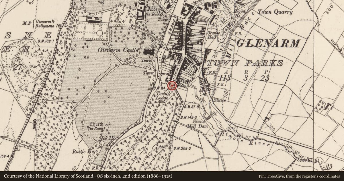 Ordnance Survey six-inch map, 2nd edition (1888–1915) covering the location of Gate at town lodge, Glenarm Town Parks, Mid and East Antrim, with a pin at the register's coordinates