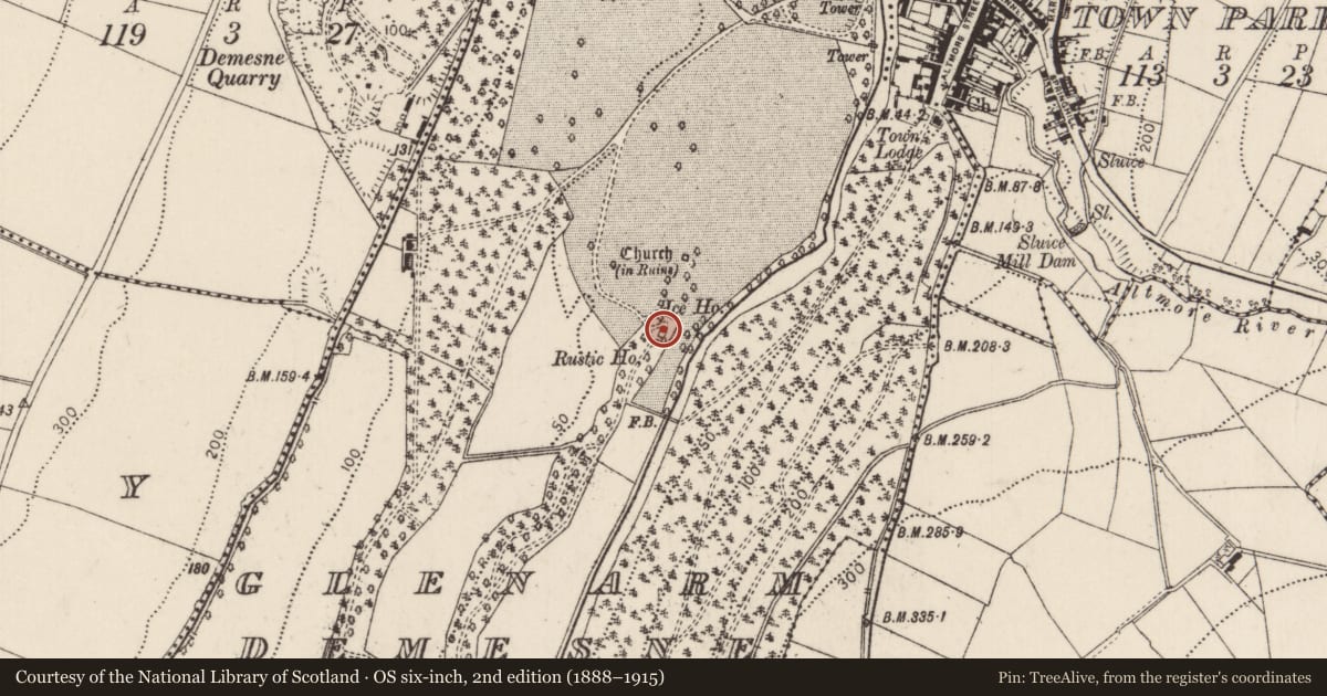 Ordnance Survey six-inch map, 2nd edition (1888–1915) covering the location of Ice House, Glenarm Demesne, Mid and East Antrim, with a pin at the register's coordinates
