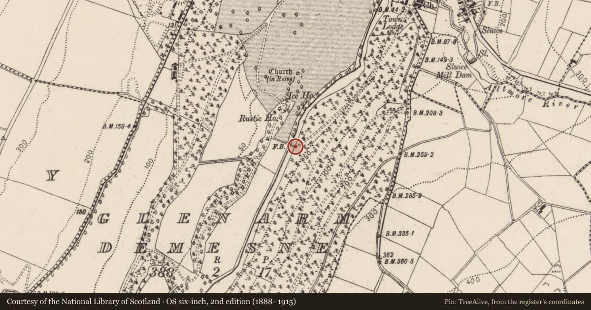 Ordnance Survey six-inch map, 2nd edition (1888–1915) covering the location of Bridge, Great Deer Park, Mid and East Antrim, with a pin at the register's coordinates