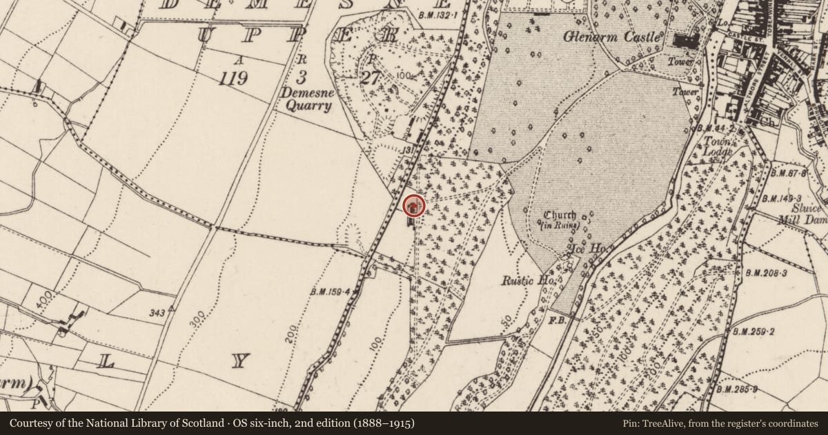 Ordnance Survey six-inch map, 2nd edition (1888–1915) covering the location of 1 Castle Lane, Glenarm Demesne, Mid and East Antrim, with a pin at the register's coordinates