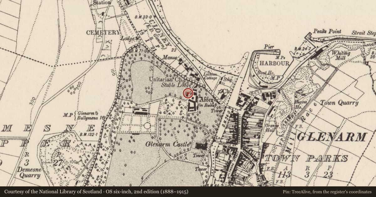 Ordnance Survey six-inch map, 2nd edition (1888–1915) covering the location of Former Bull's House, Glenarm Demesne, Mid and East Antrim, with a pin at the register's coordinates