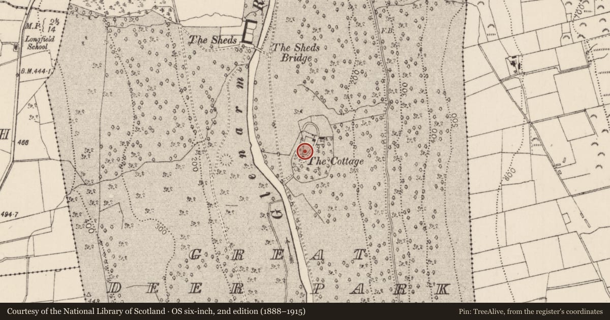 Ordnance Survey six-inch map, 2nd edition (1888–1915) covering the location of Cottage in Glenarm Castle Estate ('Lord Antrim's Cottage'), Great Deer Park, Mid and East Antrim, with a pin at the register's coordinates