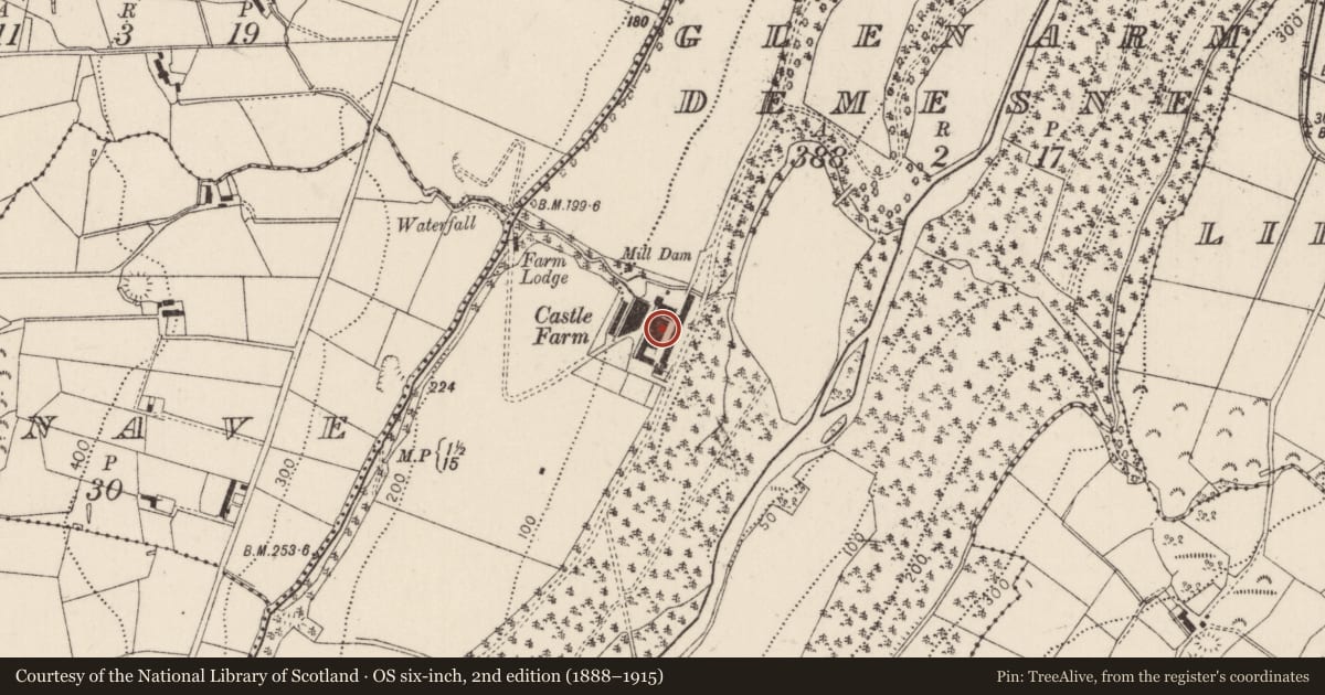 Ordnance Survey six-inch map, 2nd edition (1888–1915) covering the location of Castle Farm, Glenarm Demesne, Mid and East Antrim, with a pin at the register's coordinates