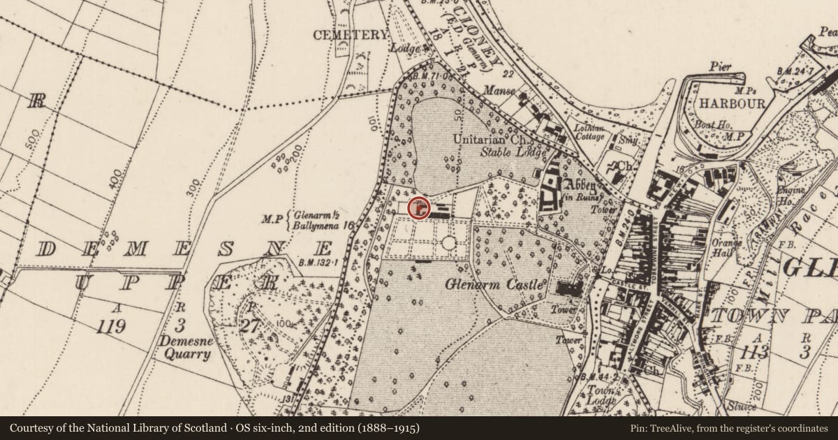 Ordnance Survey six-inch map, 2nd edition (1888–1915) covering the location of Gardener's house at Glenarm Castle, Glenarm Demesne, Mid and East Antrim, with a pin at the register's coordinates