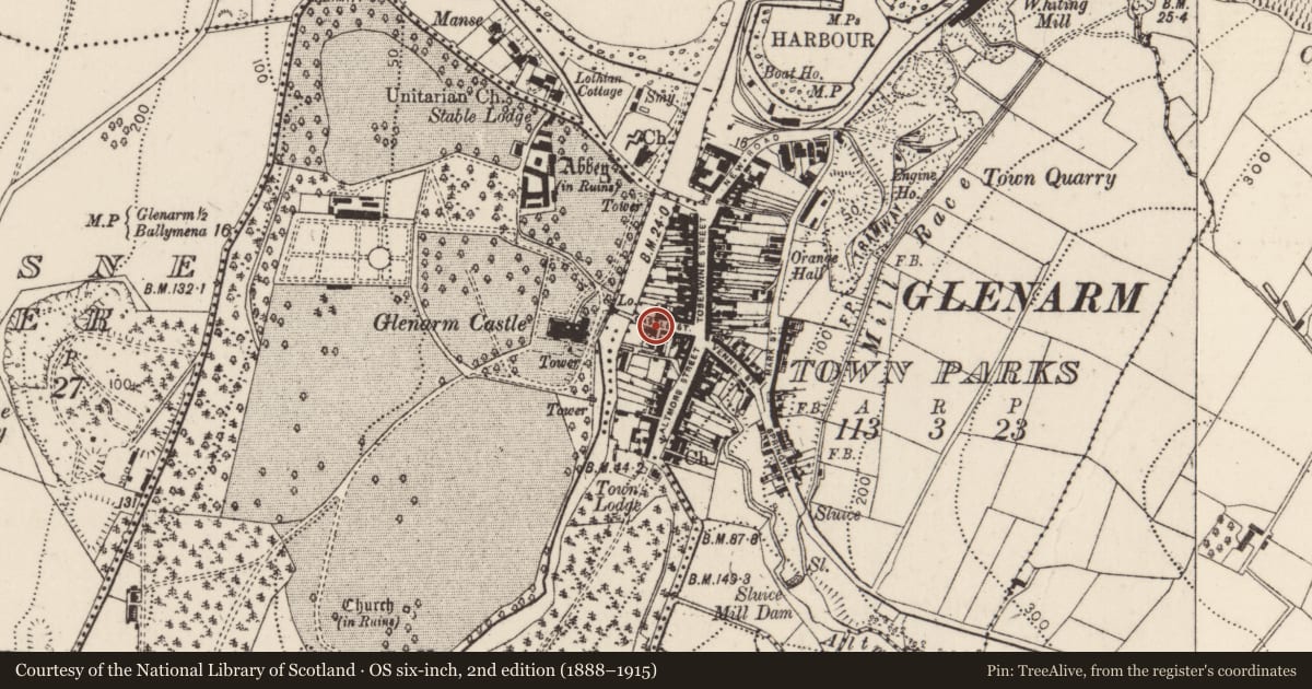 Ordnance Survey six-inch map, 2nd edition (1888–1915) covering the location of Former primary school, Glenarm Town Parks, Mid and East Antrim, with a pin at the register's coordinates