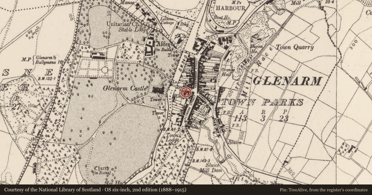 Ordnance Survey six-inch map, 2nd edition (1888–1915) covering the location of 18 Lower Castle Street, Glenarm Town Parks, Mid and East Antrim, with a pin at the register's coordinates
