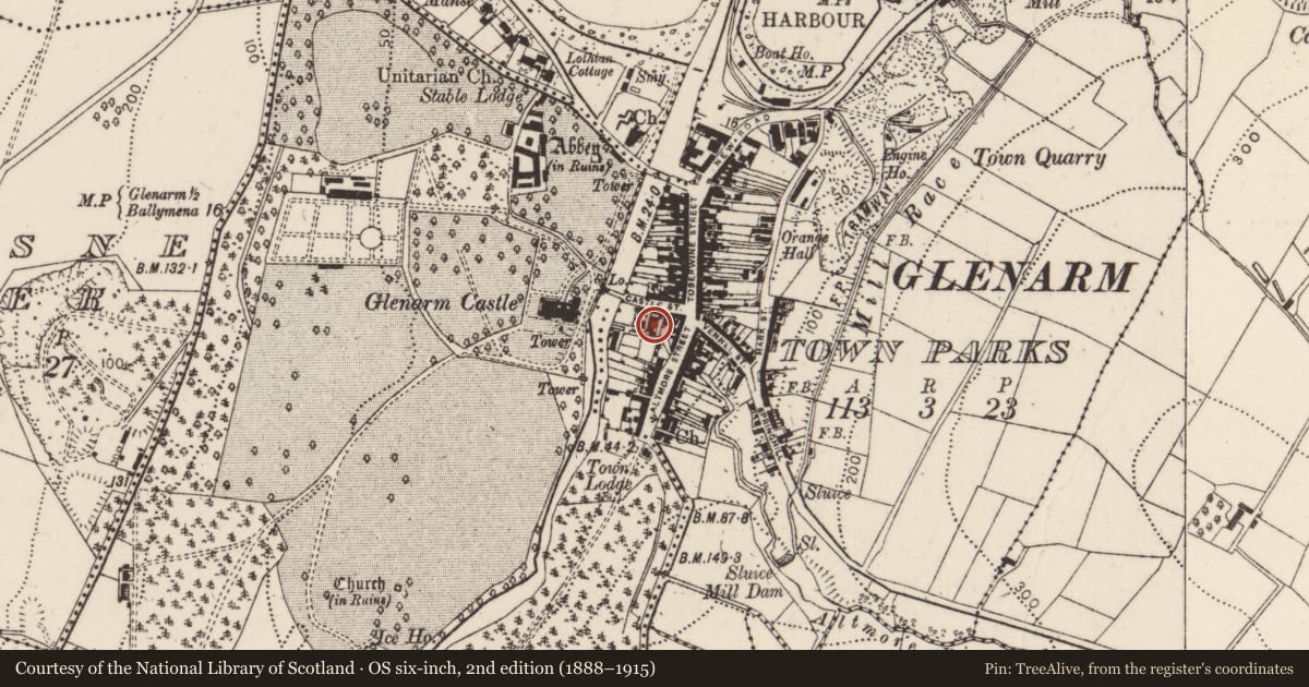 Ordnance Survey six-inch map, 2nd edition (1888–1915) covering the location of 22 Lower Castle Street, Glenarm Town Parks, Mid and East Antrim, with a pin at the register's coordinates