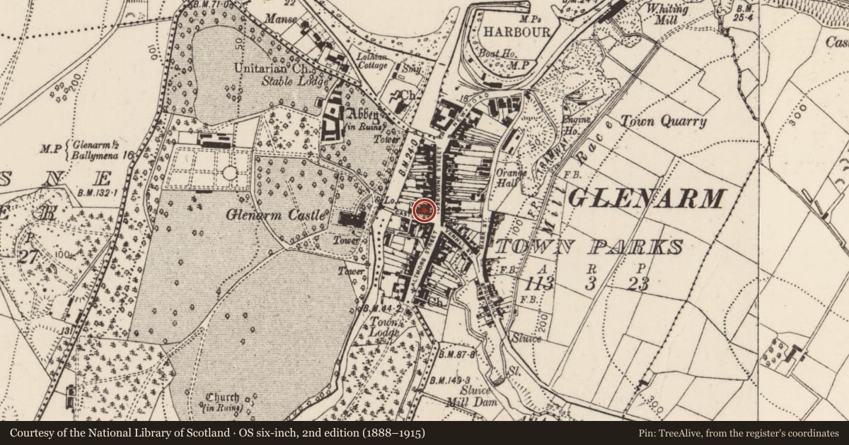 Ordnance Survey six-inch map, 2nd edition (1888–1915) covering the location of 7 Castle Street, Glenarm Town Parks, Mid and East Antrim, with a pin at the register's coordinates