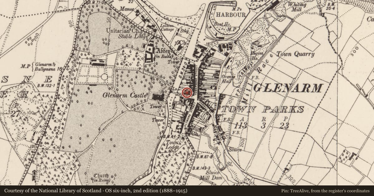 Ordnance Survey six-inch map, 2nd edition (1888–1915) covering the location of 11 Castle Street, Glenarm Town Parks, Mid and East Antrim, with a pin at the register's coordinates