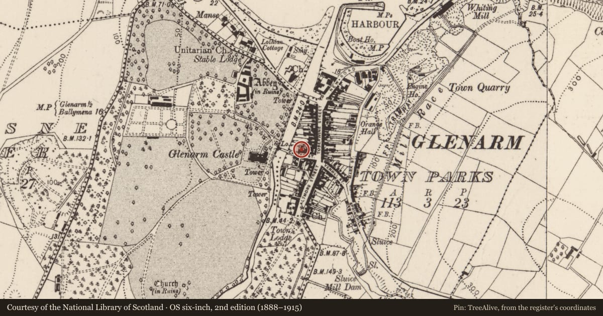 Ordnance Survey six-inch map, 2nd edition (1888–1915) covering the location of 13-15 Castle Street, Glenarm Town Parks, Mid and East Antrim, with a pin at the register's coordinates