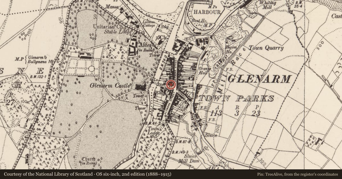 Ordnance Survey six-inch map, 2nd edition (1888–1915) covering the location of 3-5 Castle Street, Glenarm Town Parks, Mid and East Antrim, with a pin at the register's coordinates