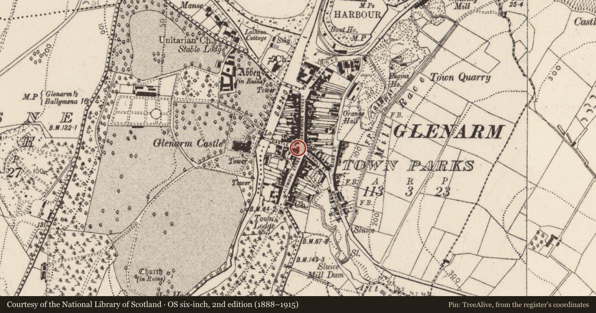 Ordnance Survey six-inch map, 2nd edition (1888–1915) covering the location of 'The Schooner' public house, Glenarm Town Parks, Mid and East Antrim, with a pin at the register's coordinates